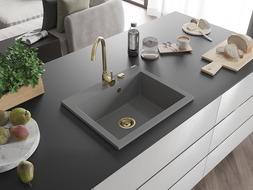 Mexen Elix granite sink 1-bowl 600 x 500 mm, gray, gold siphon - 6525601005-71-G
