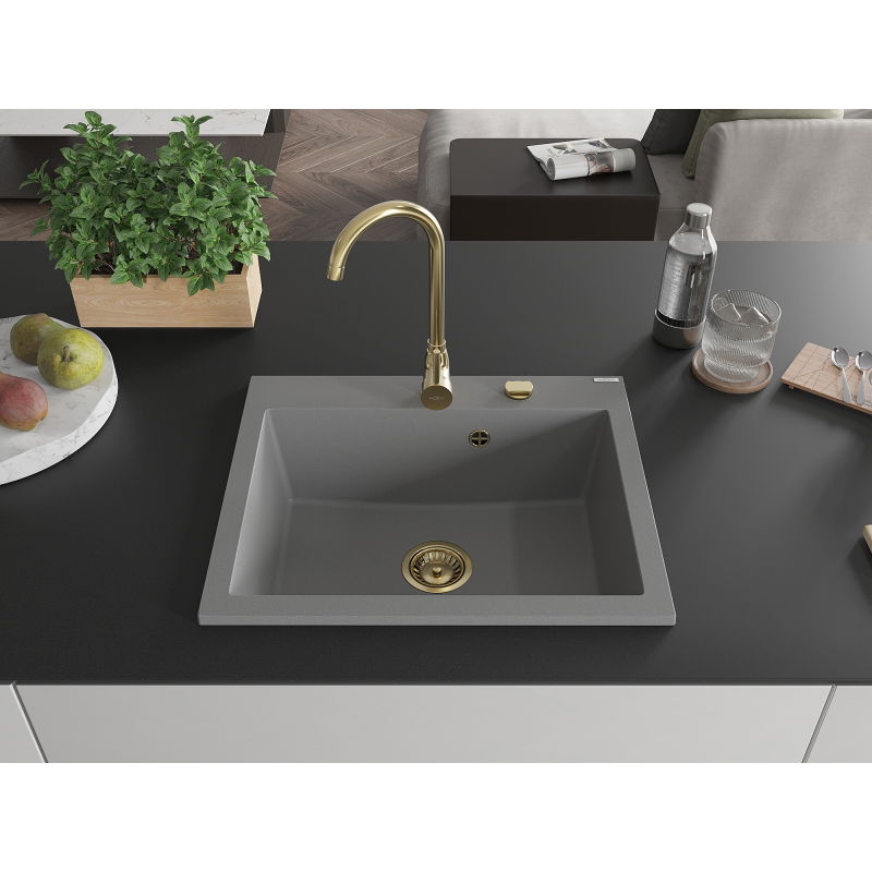 Mexen Elix granite sink 1-bowl 600 x 500 mm, grey, gold siphon - 6525601005-71-G