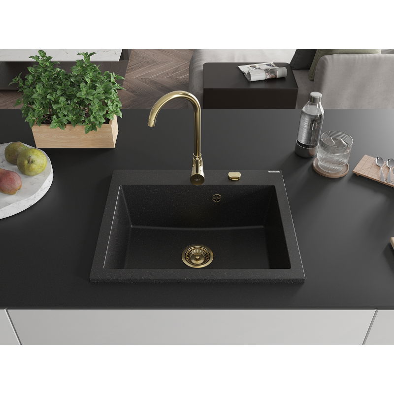 Mexen Elix granite sink 1-bowl 600 x 500 mm, black/silver metallic, gold siphon - 6525601005-73-G
