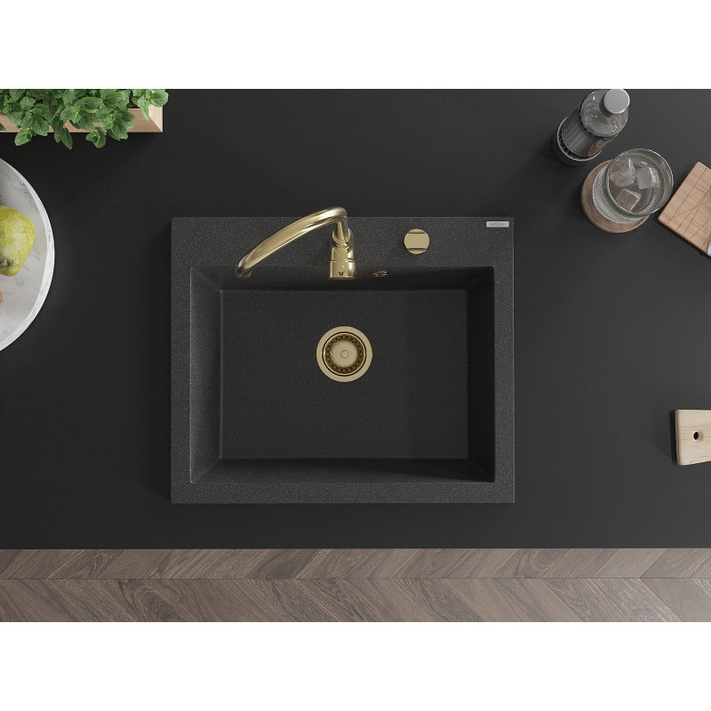 Mexen Elix single-bowl granite sink 600 x 500 mm, speckled black, gold siphon - 6525601005-76-G