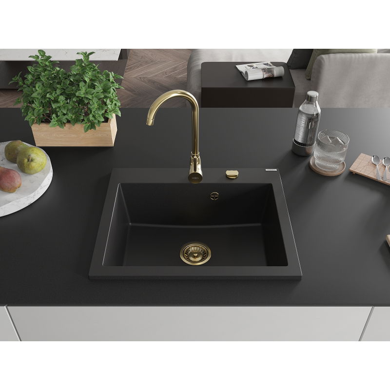 Mexen Elix granite kitchen sink, 1-bowl, 600 x 500 mm, black, gold siphon - 6525601005-77-G