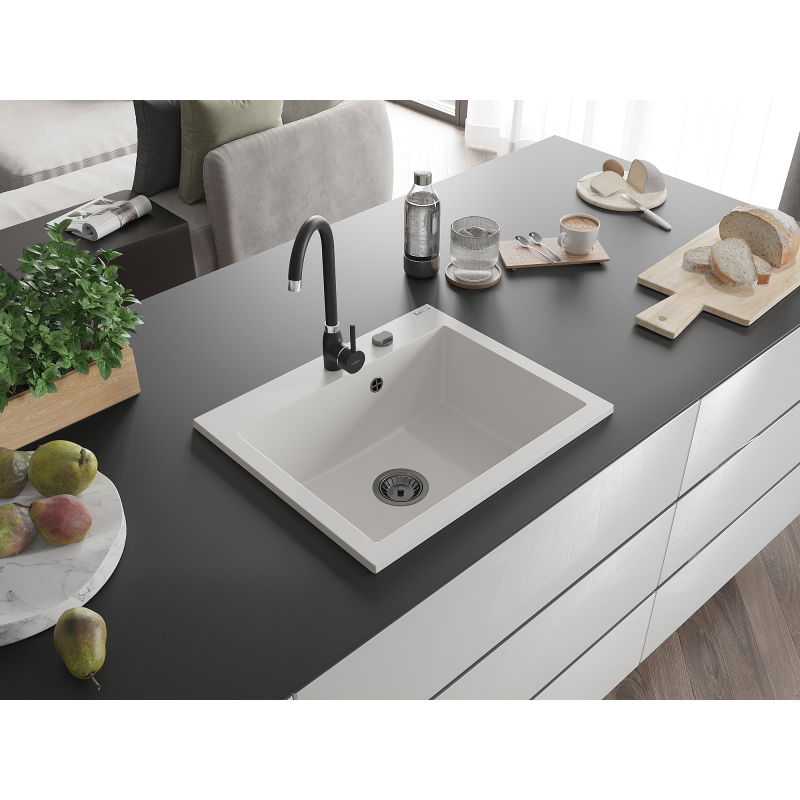 Mexen Elix 1-Bowl Granite Sink 600 x 500 mm, White, Black Siphon - 6525601005-20-B