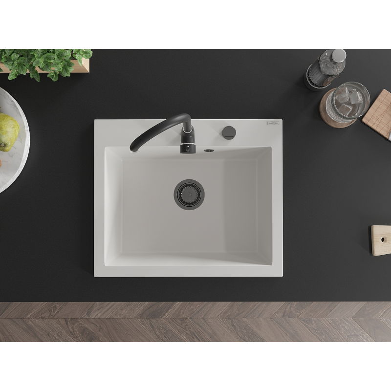 Mexen Elix 1-Bowl Granite Sink 600 x 500 mm, White, Black Siphon - 6525601005-20-B