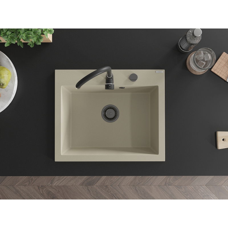 Mexen Elix granite sink 1-bowl 600 x 500 mm, beige, black siphon- 6525601005-69-B