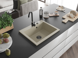 Mexen Elix granite sink 1-bowl 600 x 500 mm, beige, black siphon- 6525601005-69-B