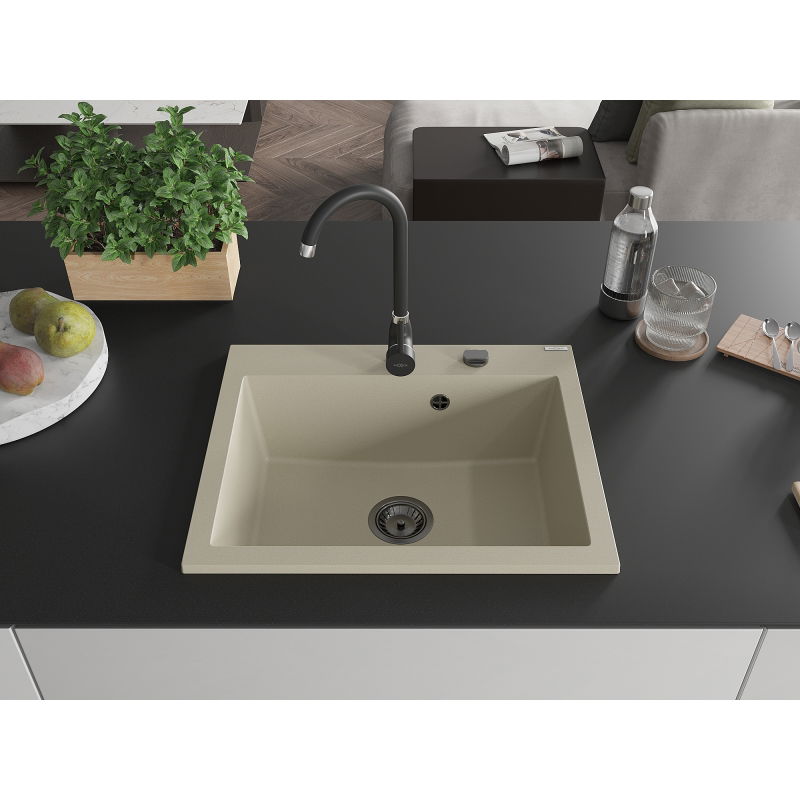 Mexen Elix granite sink 1-bowl 600 x 500 mm, beige, black siphon- 6525601005-69-B