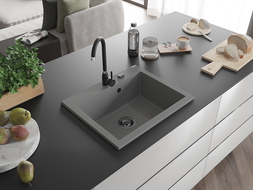 Mexen Elix granite sink 1-bowl 600 x 500 mm, grey, black siphon - 6525601005-71-B