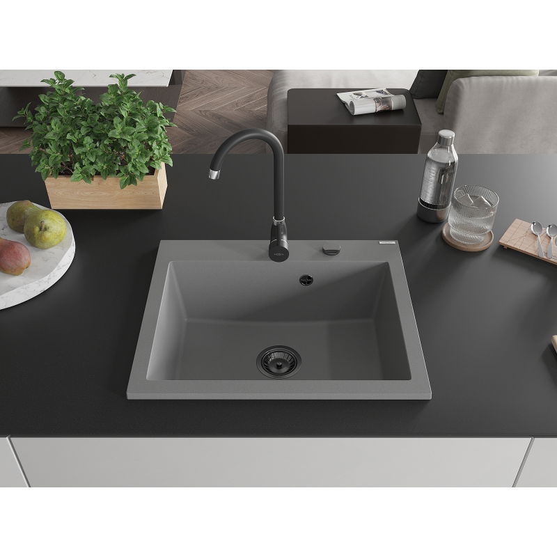 Mexen Elix granite sink 1-bowl 600 x 500 mm, grey, black siphon - 6525601005-71-B