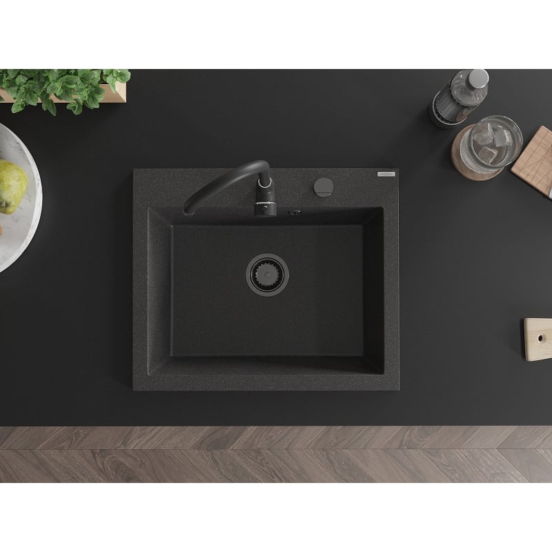 Mexen Elix 1-bowl granite sink 600 x 500 mm, black speckled, black siphon - 6525601005-76-B