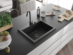 Mexen Elix granite sink single-bowl 600 x 500 mm, black, black siphon - 6525601005-77-B