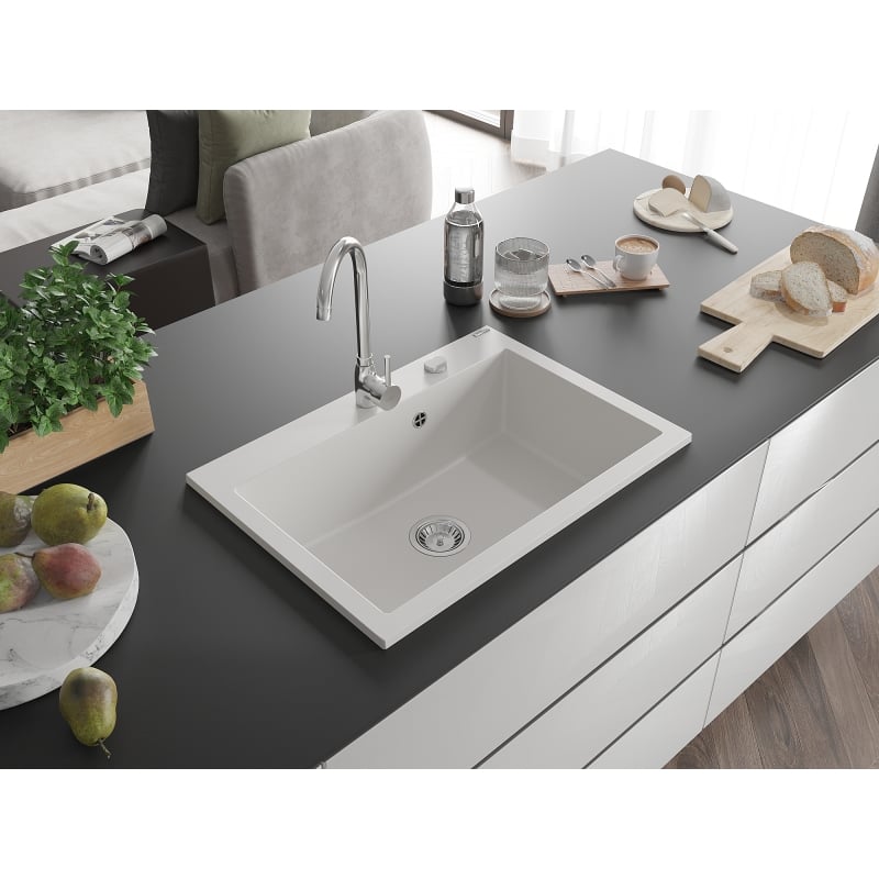 Mexen Elix 1-Bowl Granite Sink 700 x 500 mm, White, Chrome Siphon - 6526701005-20