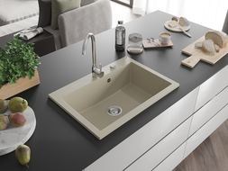 Mexen Elix granite sink single-bowl 700 x 500 mm, beige, chrome siphon - 6526701005-69