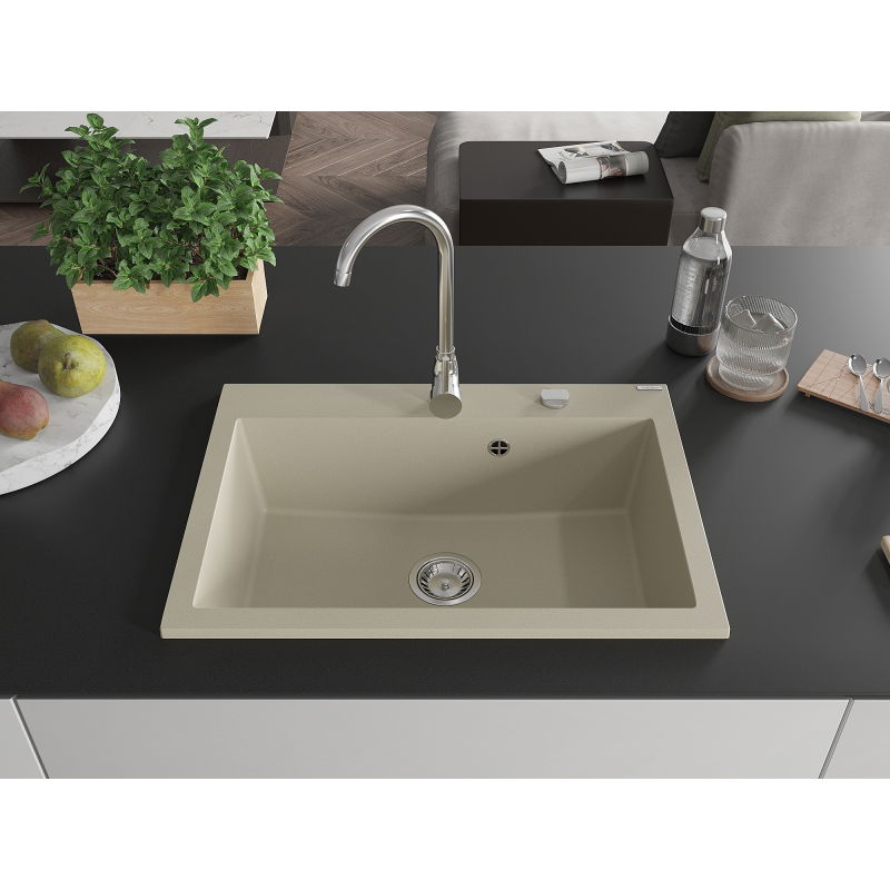 Mexen Elix granite sink single-bowl 700 x 500 mm, beige, chrome siphon - 6526701005-69
