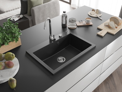 Mexen Elix granite sink, 1-bowl 700 x 500 mm, black/silver metallic, chrome siphon - 6526701005-73