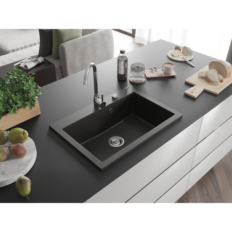 Mexen Elix granite sink 1-bowl 700 x 500 mm, black/gold metallic, chrome siphon - 6526701005-75