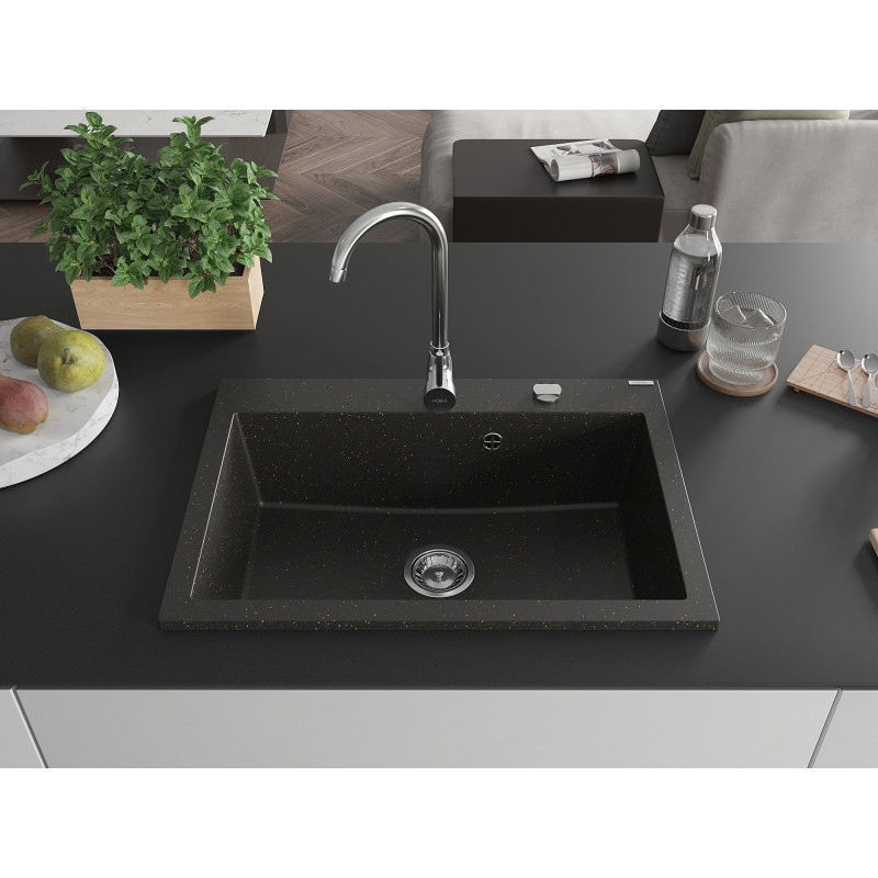 Mexen Elix granite sink 1-bowl 700 x 500 mm, black/gold metallic, chrome siphon - 6526701005-75