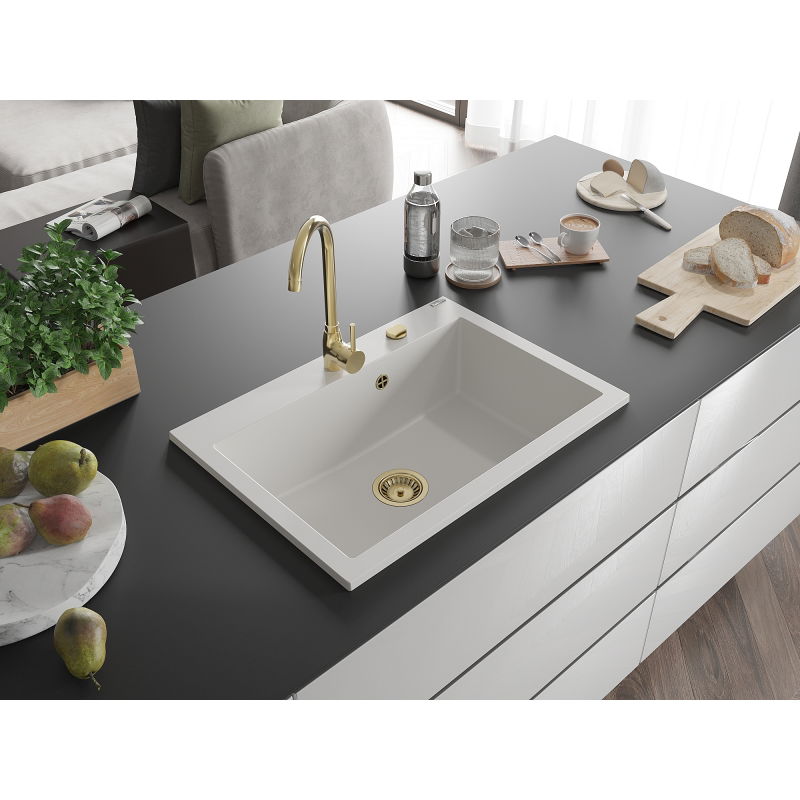 Mexen Elix 1-bowl granite sink 700 x 500 mm, white, gold siphon - 6526701005-20-G
