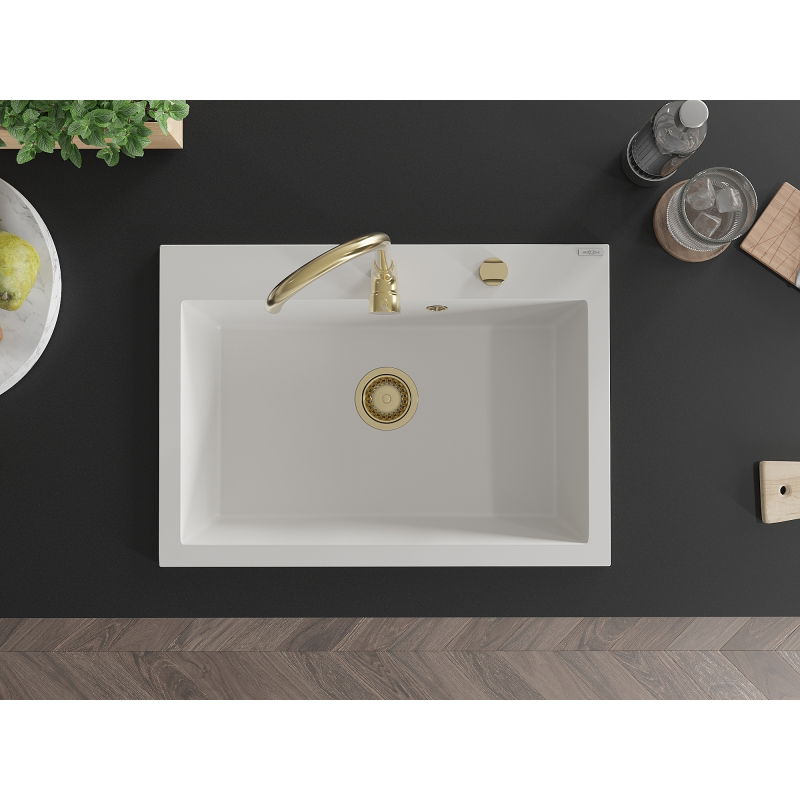 Mexen Elix 1-bowl granite sink 700 x 500 mm, white, gold siphon - 6526701005-20-G