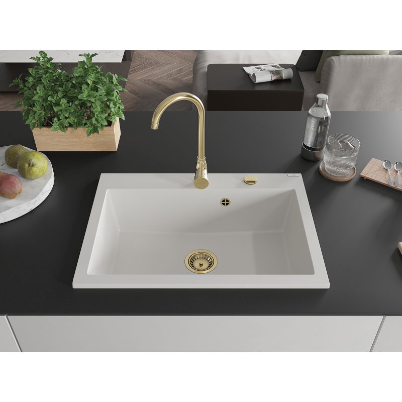 Mexen Elix 1-bowl granite sink 700 x 500 mm, white, gold siphon - 6526701005-20-G