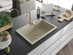 Mexen Elix granite sink single-bowl 700 x 500 mm, beige, gold siphon - 6526701005-69-G