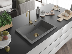 Mexen Elix Granite Kitchen Sink, 1-Bowl, 700 x 500 mm, Gray, Gold Siphon - 6526701005-71-G