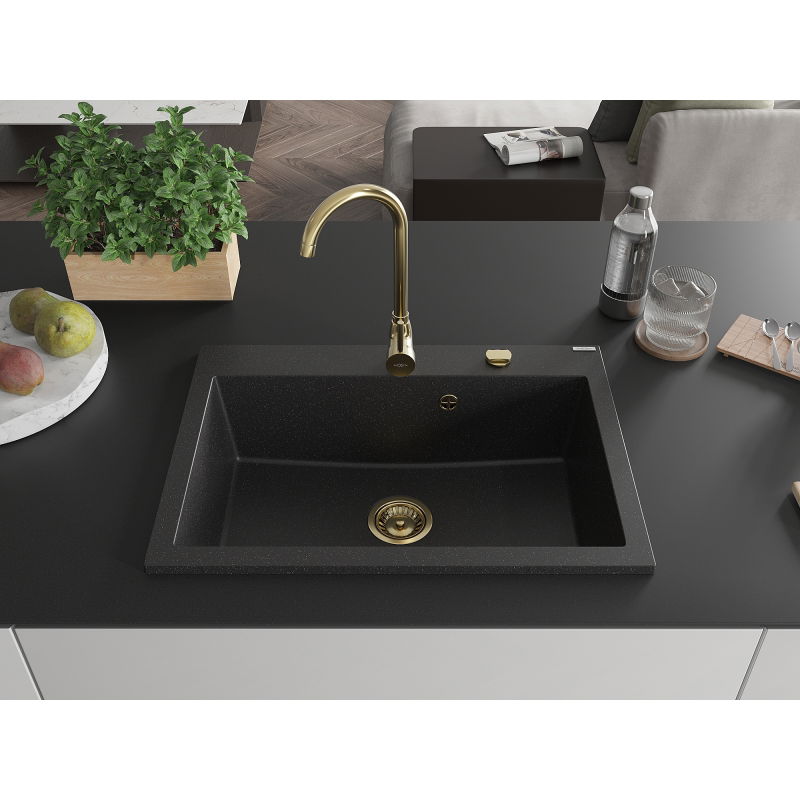 Mexen Elix granite sink 1-bowl 700 x 500 mm, black/silver metallic, gold siphon - 6526701005-73-G