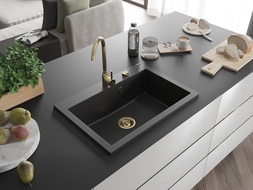 Mexen Elix Granite Sink 1-Bowl 700 x 500 mm, Black/Silver Metallic, Gold Siphon - 6526701005-73-G