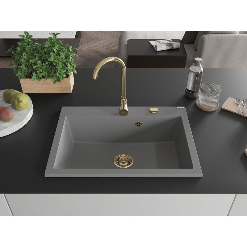 Mexen Elix granite sink 1-bowl 700 x 500 mm, grey, gold siphon - 6526701005-71-G