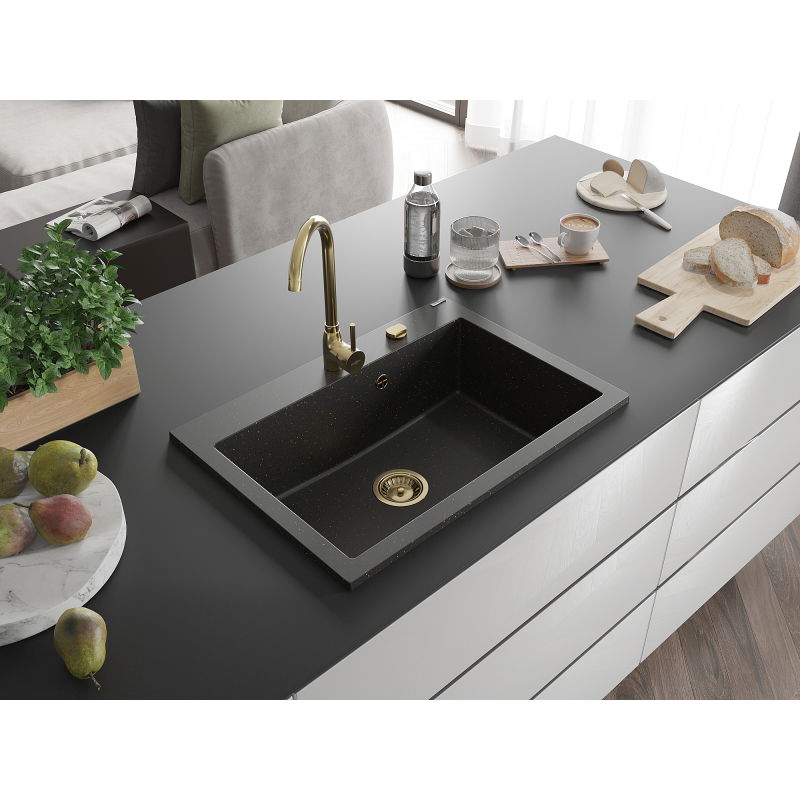 Mexen Elix granite sink 1-bowl 700 x 500 mm, black/gold metallic, gold siphon - 6526701005-75-G