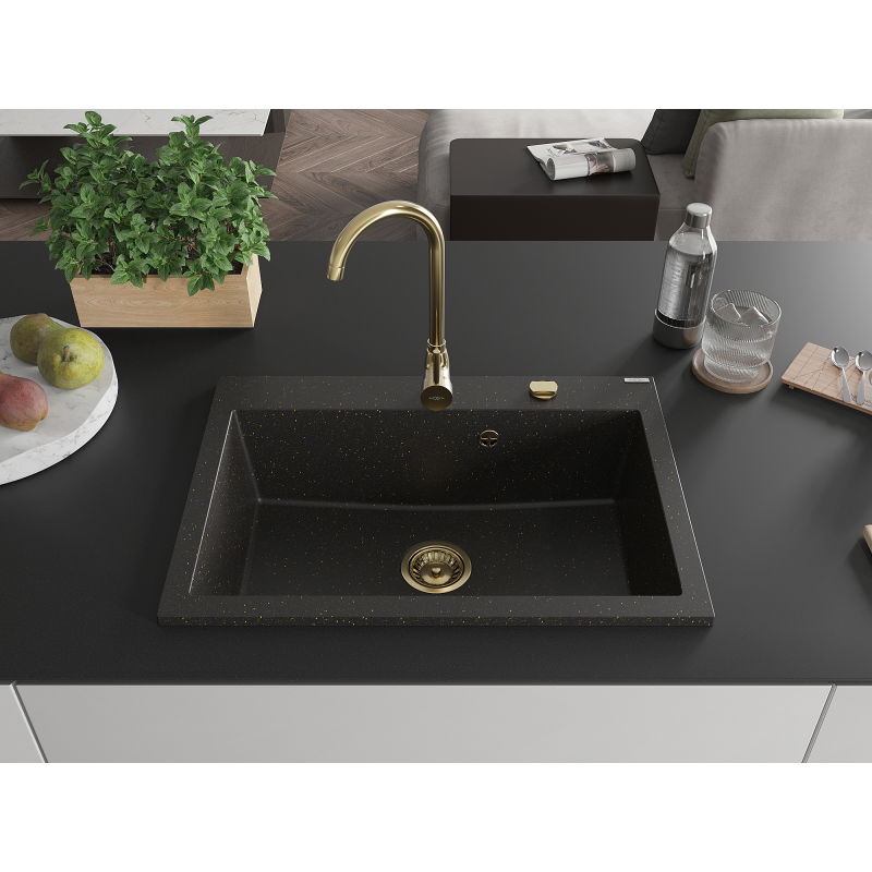 Mexen Elix granite sink 1-bowl 700 x 500 mm, black/gold metallic, gold siphon - 6526701005-75-G