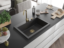Mexen Elix granite sink 1-bowl 700 x 500 mm, black speckled, golden siphon - 6526701005-76-G