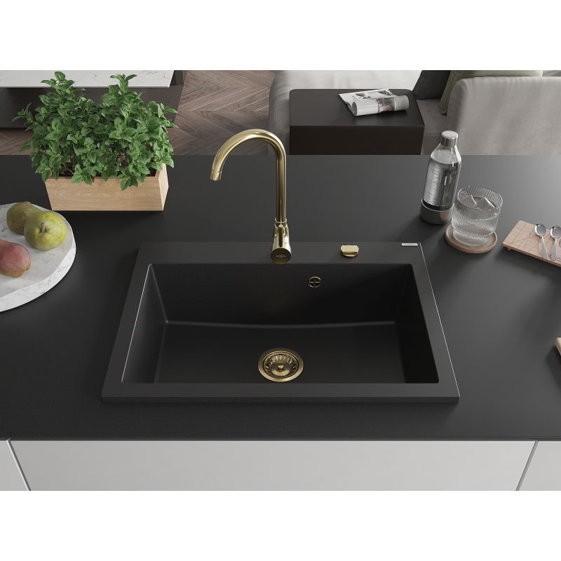 Mexen Elix granite sink 1-bowl 700 x 500 mm, black, gold siphon - 6526701005-77-G