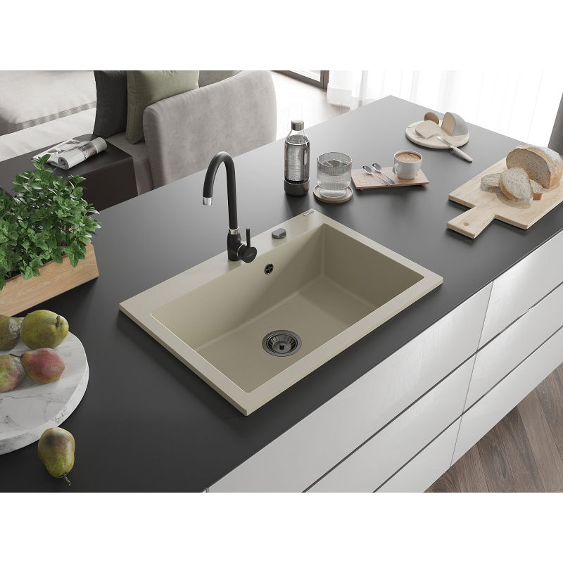 Mexen Elix granite kitchen sink single-bowl 700 x 500 mm, beige, black siphon - 6526701005-69-B