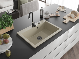 Mexen Elix granite kitchen sink single-bowl 700 x 500 mm, beige, black siphon - 6526701005-69-B
