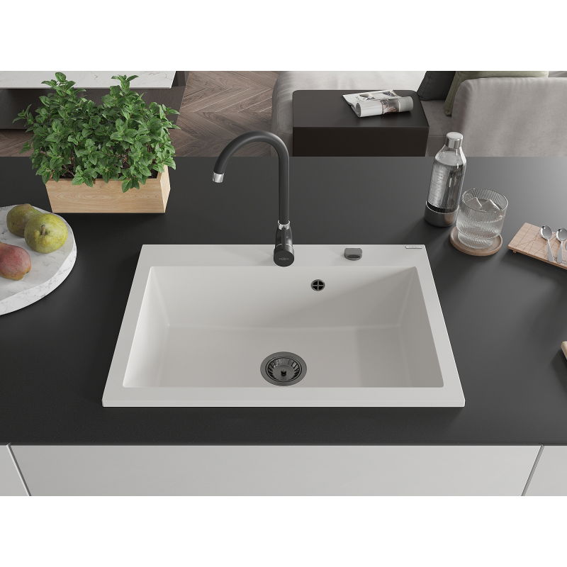Mexen Elix granite sink 1-bowl 700 x 500 mm, white, black siphon - 6526701005-20-B