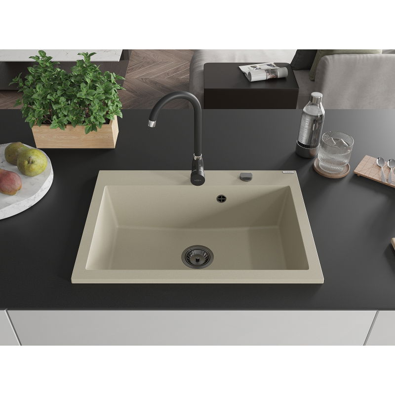Mexen Elix granite kitchen sink single-bowl 700 x 500 mm, beige, black siphon - 6526701005-69-B