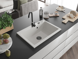 Mexen Elix granite sink single-bowl 700 x 500 mm, white, black siphon - 6526701005-20-B