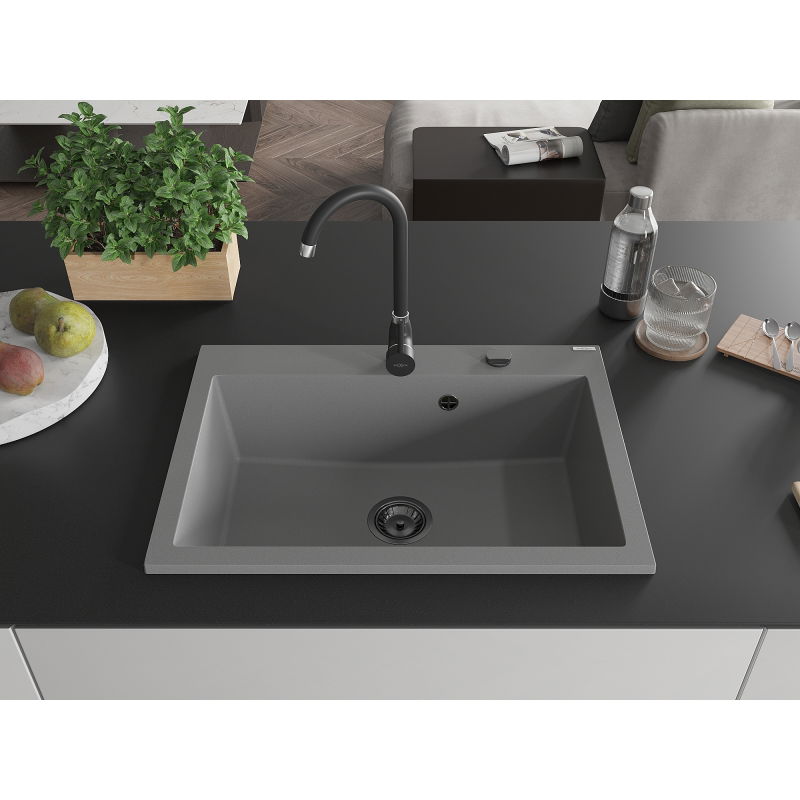 Mexen Elix granite sink 1-bowl 700 x 500 mm, grey, black siphon - 6526701005-71-B