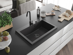 Mexen Elix granite sink 1-bowl 700 x 500 mm, black speckled, black siphon - 6526701005-76-B