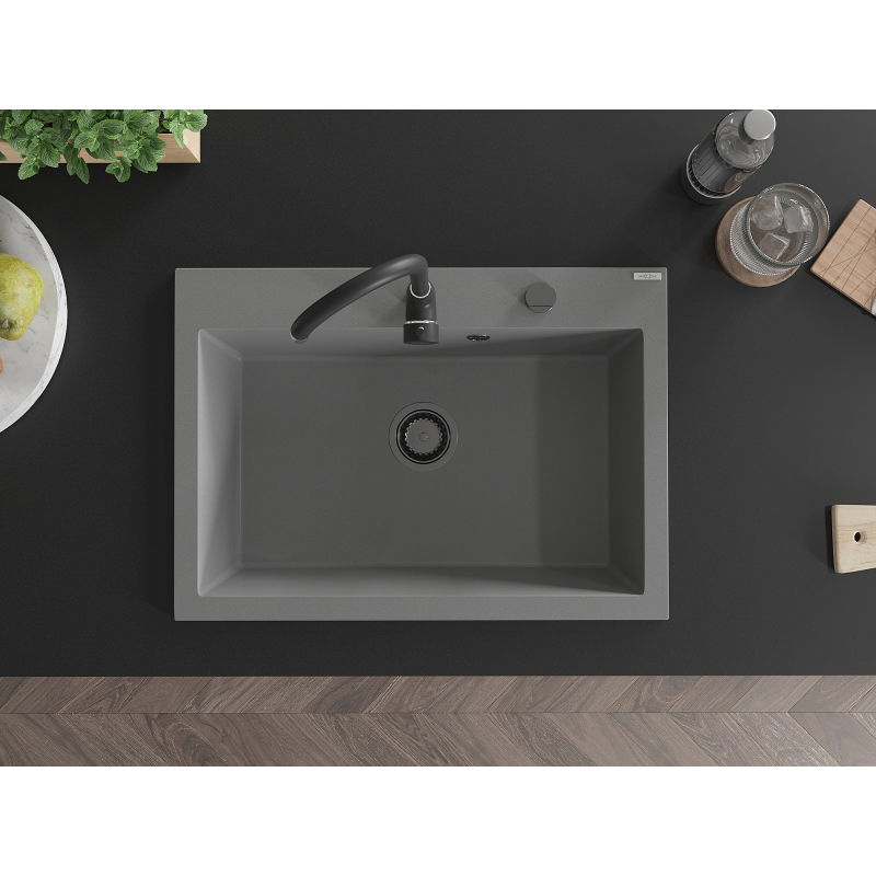Mexen Elix granite sink 1-bowl 700 x 500 mm, grey, black siphon - 6526701005-71-B