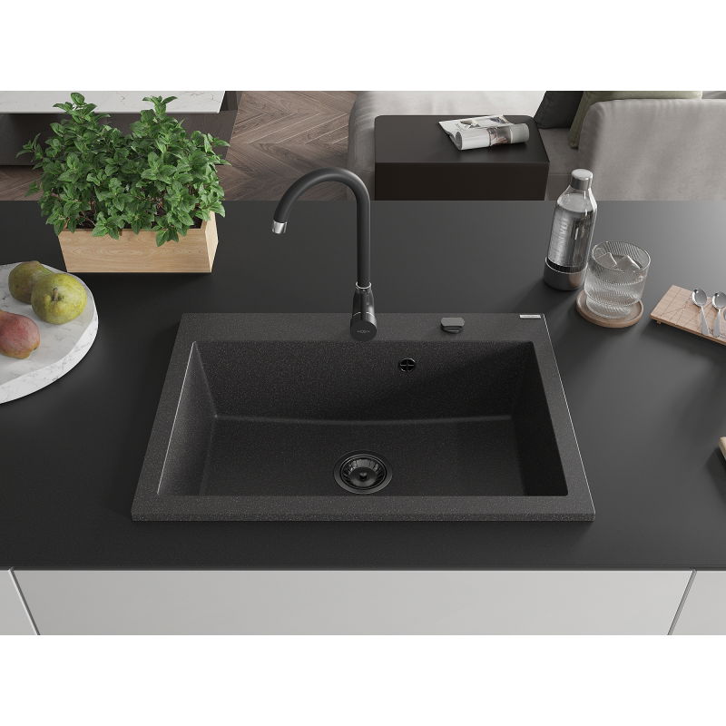 Mexen Elix granite sink 1-bowl 700 x 500 mm, black speckled, black siphon - 6526701005-76-B