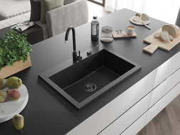 Mexen Elix granite kitchen sink 1-bowl 700 x 500 mm, black, black siphon - 6526701005-77-B