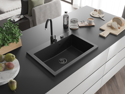 Mexen Elix 1-bowl granite sink 700 x 500 mm, black/silver metallic, black siphon - 6526701005-73-B