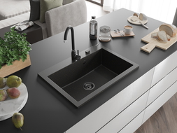 Mexen Elix granite sink 1-bowl 700 x 500 mm, black/gold metallic, black siphon - 6526701005-75-B