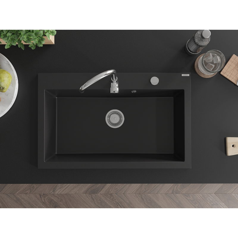 Mexen Elix granite kitchen sink single-bowl 800 x 500 mm, black, chrome siphon - 6527801005-77