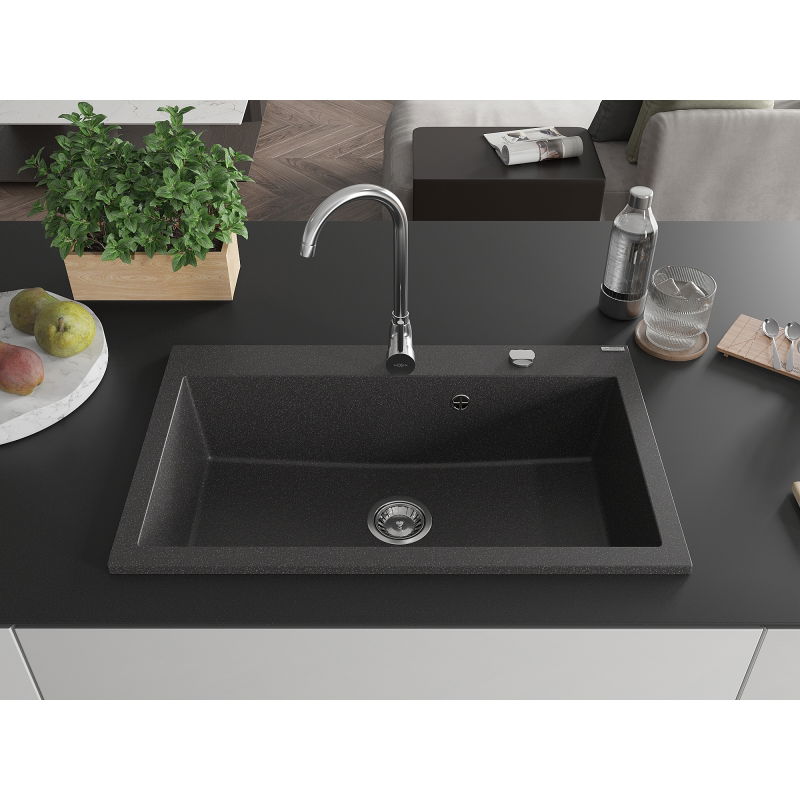 Mexen Elix 1-Bowl Granite Sink 800 x 500 mm, Black Speckled, Chrome Siphon - 6527801005-76