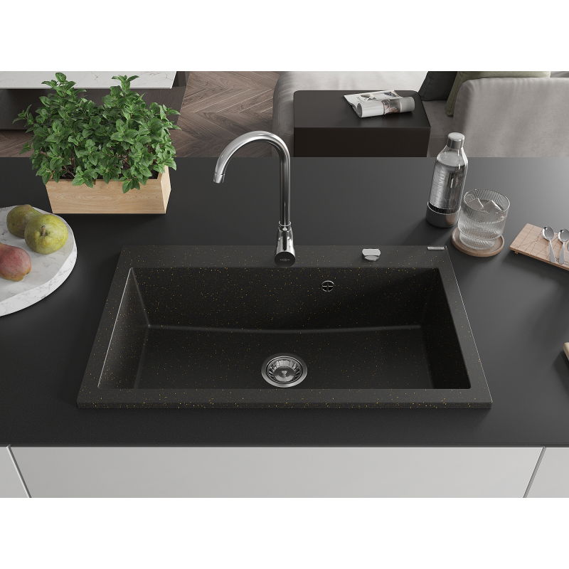 Mexen Elix granite kitchen sink 1-bowl 800 x 500 mm, black/gold metallic, chrome siphon - 6527801005-75