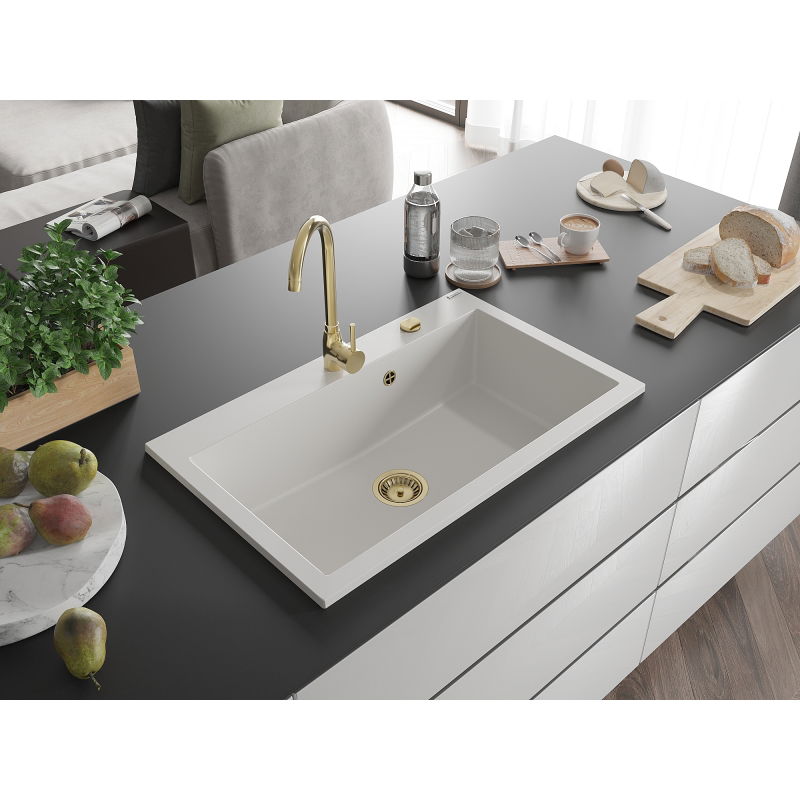 Mexen Elix granite kitchen sink 1-bowl 800 x 500 mm, white, gold siphon - 6527801005-20-G