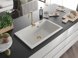 Mexen Elix granite kitchen sink 1-bowl 800 x 500 mm, white, gold siphon - 6527801005-20-G