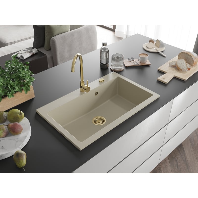 Mexen Elix single-bowl granite sink 800 x 500 mm, beige, gold siphon - 6527801005-69-G